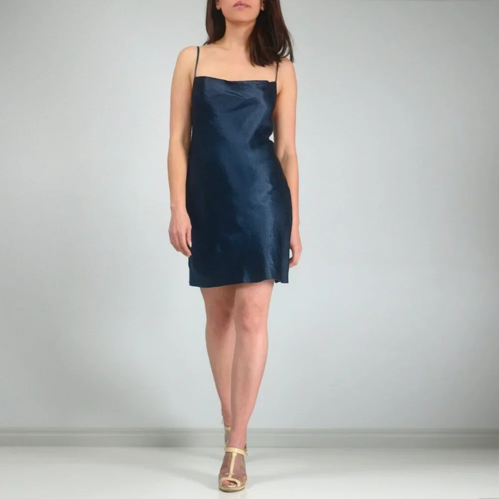 Aritzia Babaton Model Dress, Blue Satin Cowl-Neck Mini, Cami Slip Dress, sz XS - Picture 4 of 16